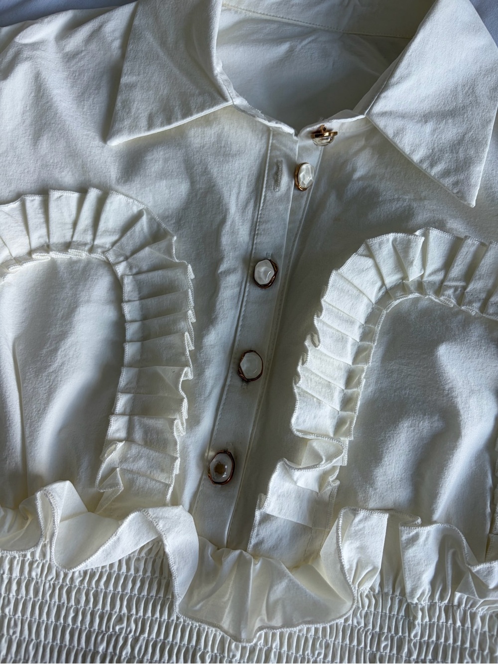 Cream Ruffled Button-Up Blouse - Picture 4 of 6